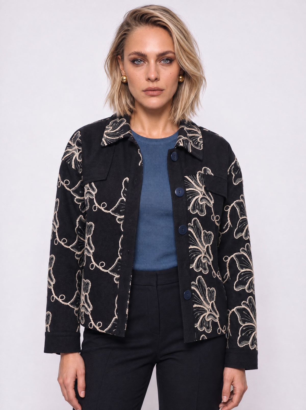 EMBROIDERED FLORAL BUTTON-FRONT JACKET