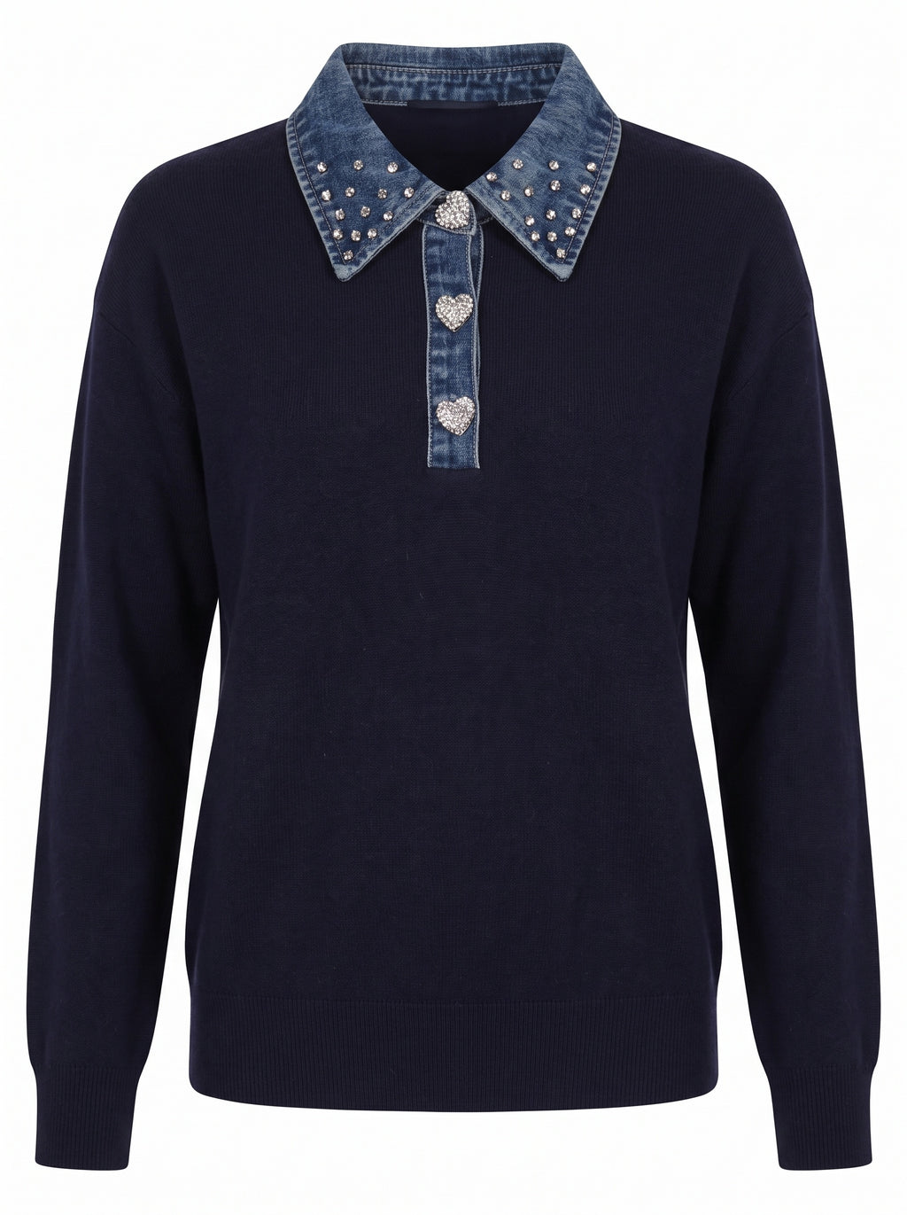 DENIM COLLAR EMBELLISHED KNIT SWEATER
