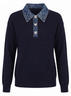 DENIM COLLAR EMBELLISHED KNIT SWEATER
