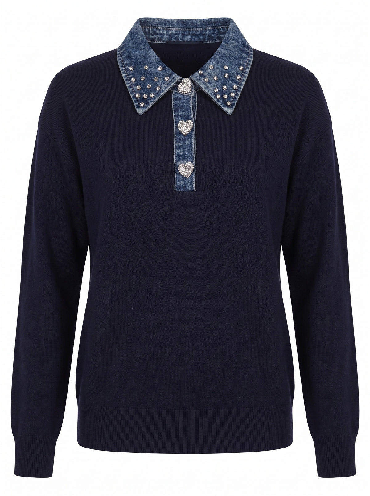 DENIM COLLAR EMBELLISHED KNIT SWEATER