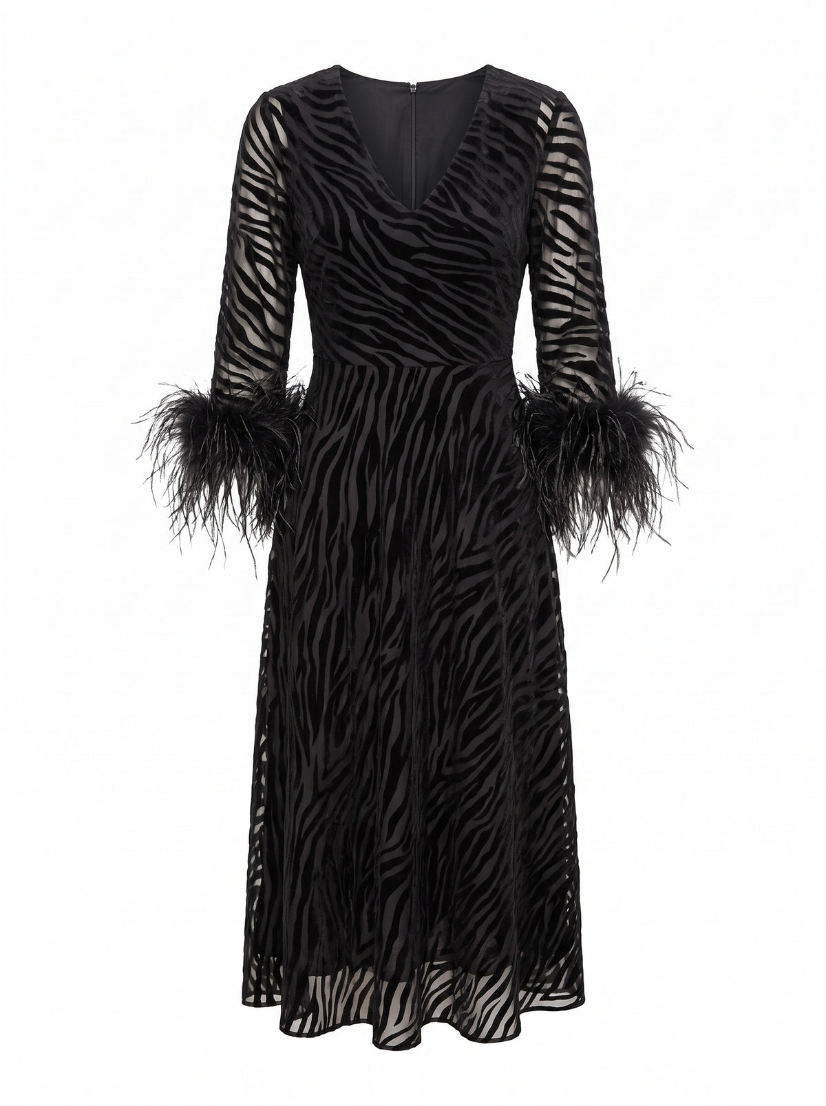 Velvet Zebra Mesh Dress With Feather Cuffs