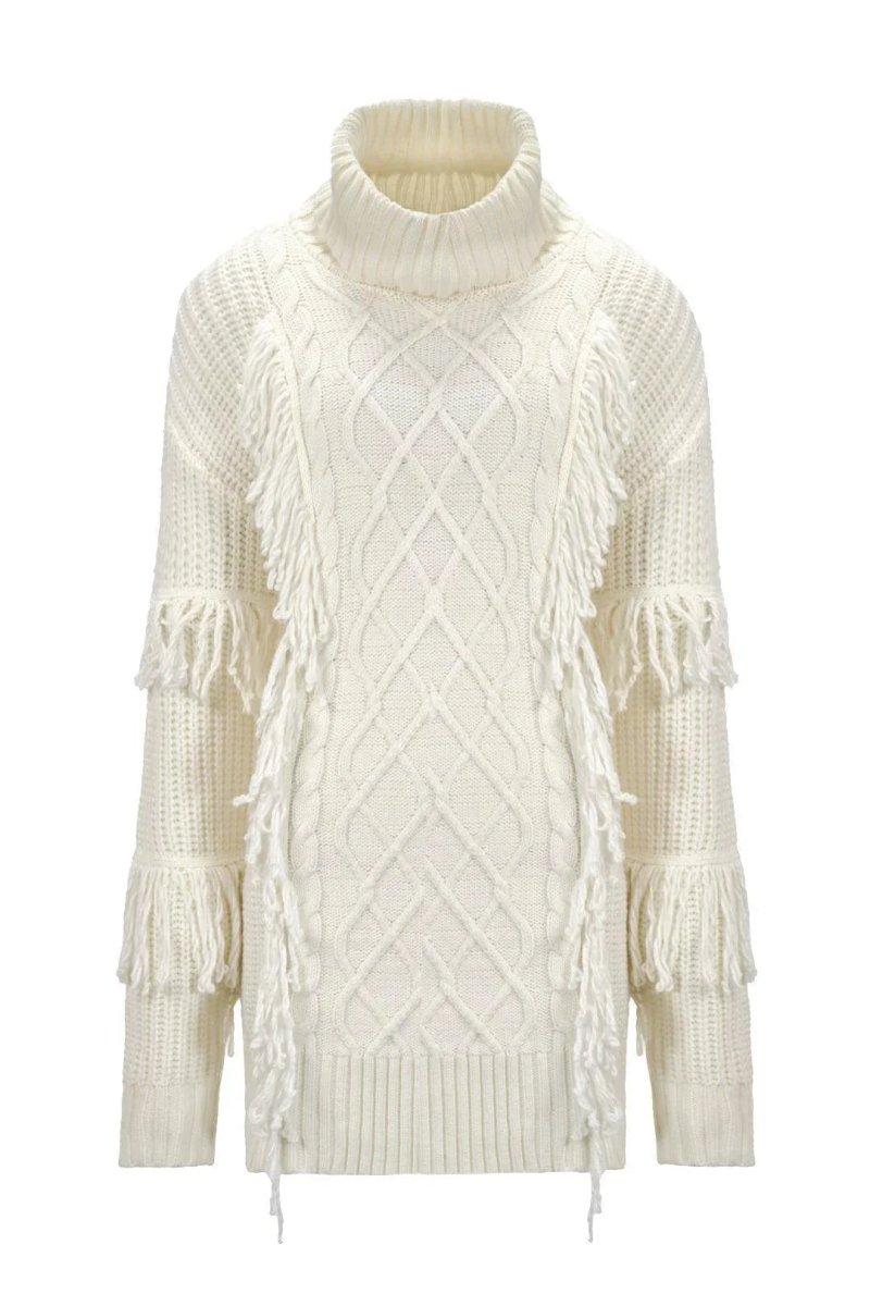 CABLE KNIT FRINGE TURTLENECK SWEATER - Nakhle.Ets - Dresses