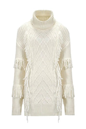 CABLE KNIT FRINGE TURTLENECK SWEATER - Nakhle.Ets - Dresses