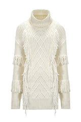 CABLE KNIT FRINGE TURTLENECK SWEATER