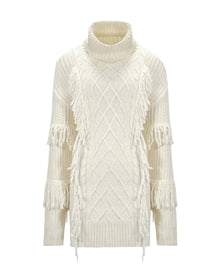 CABLE KNIT FRINGE TURTLENECK SWEATER