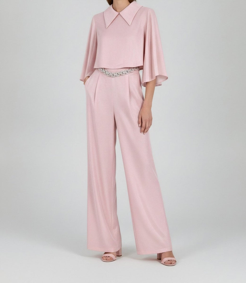 CAPE-SLEEVE COLLARED WIDE-LEG SET