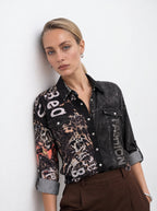 LEOPARD SLOGAN PRINT DENIM SHIRT
