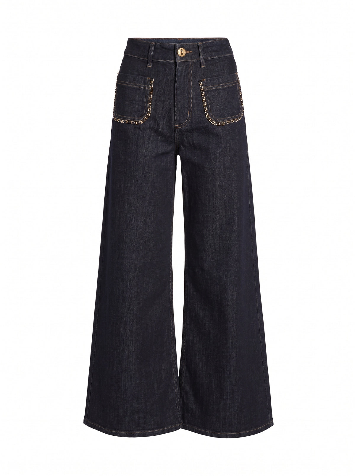 CHAIN-TRIMMED WIDE-LEG DENIM JEANS