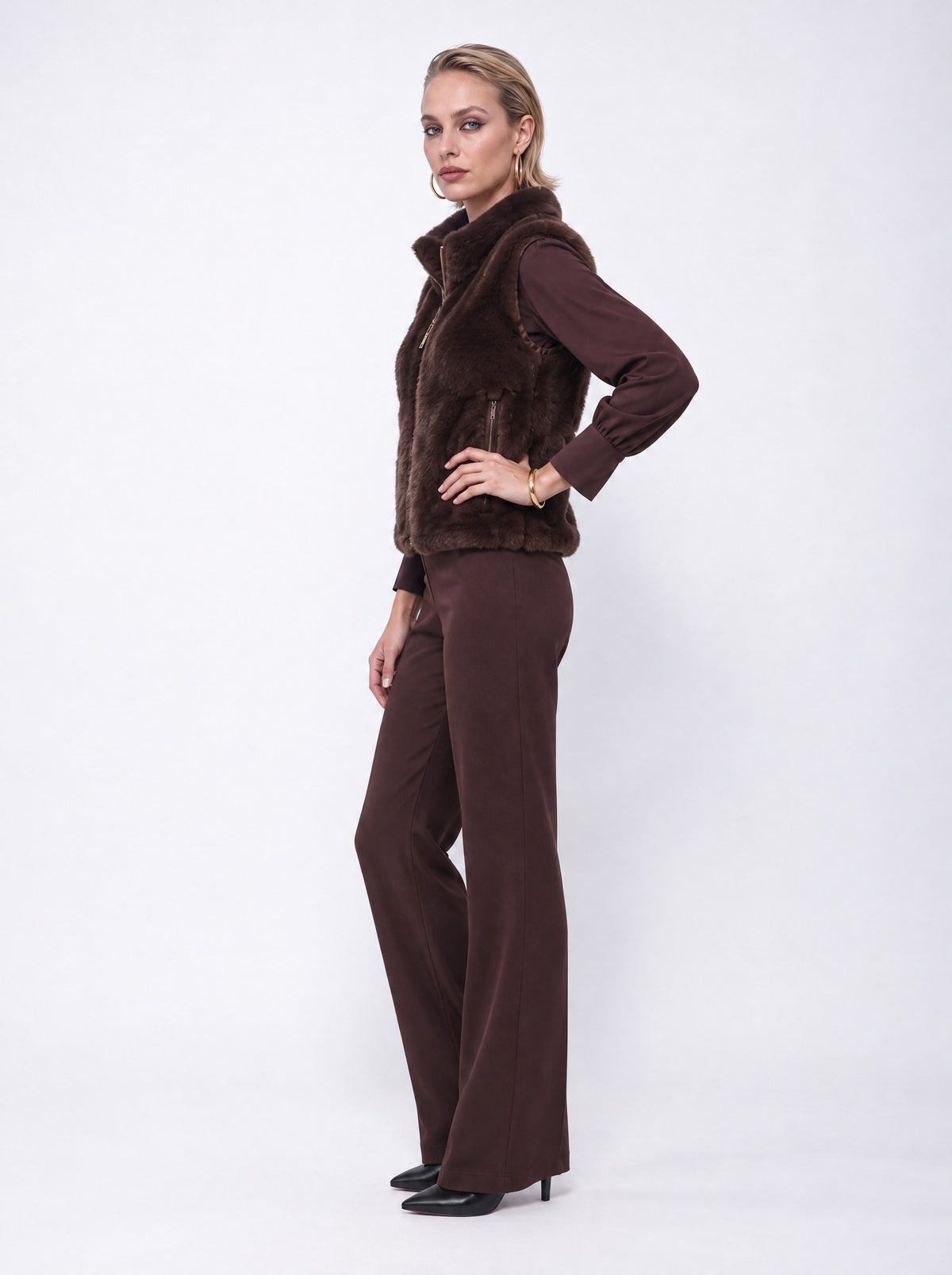 FAUX FUR ZIP-FRONT STAND COLLAR VEST