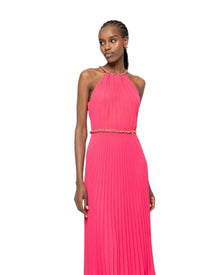 CHAIN HALTER PLEATED MAXI DRESS