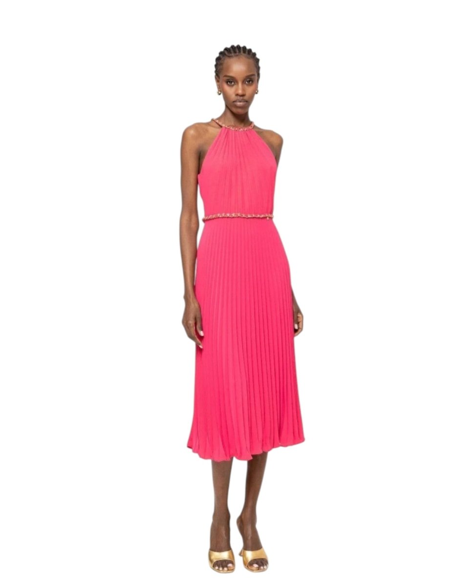 Chain Halter Pleated Maxi Dress