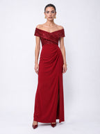 SEQUIN OFF-SHOULDER WRAP MAXI GOWN