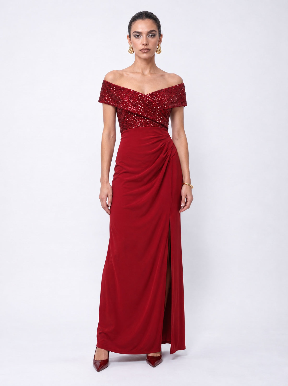 SEQUIN OFF-SHOULDER WRAP MAXI GOWN