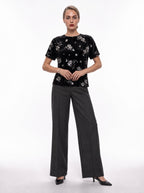 SEQUIN FLORAL VELVET CREW-NECK TOP
