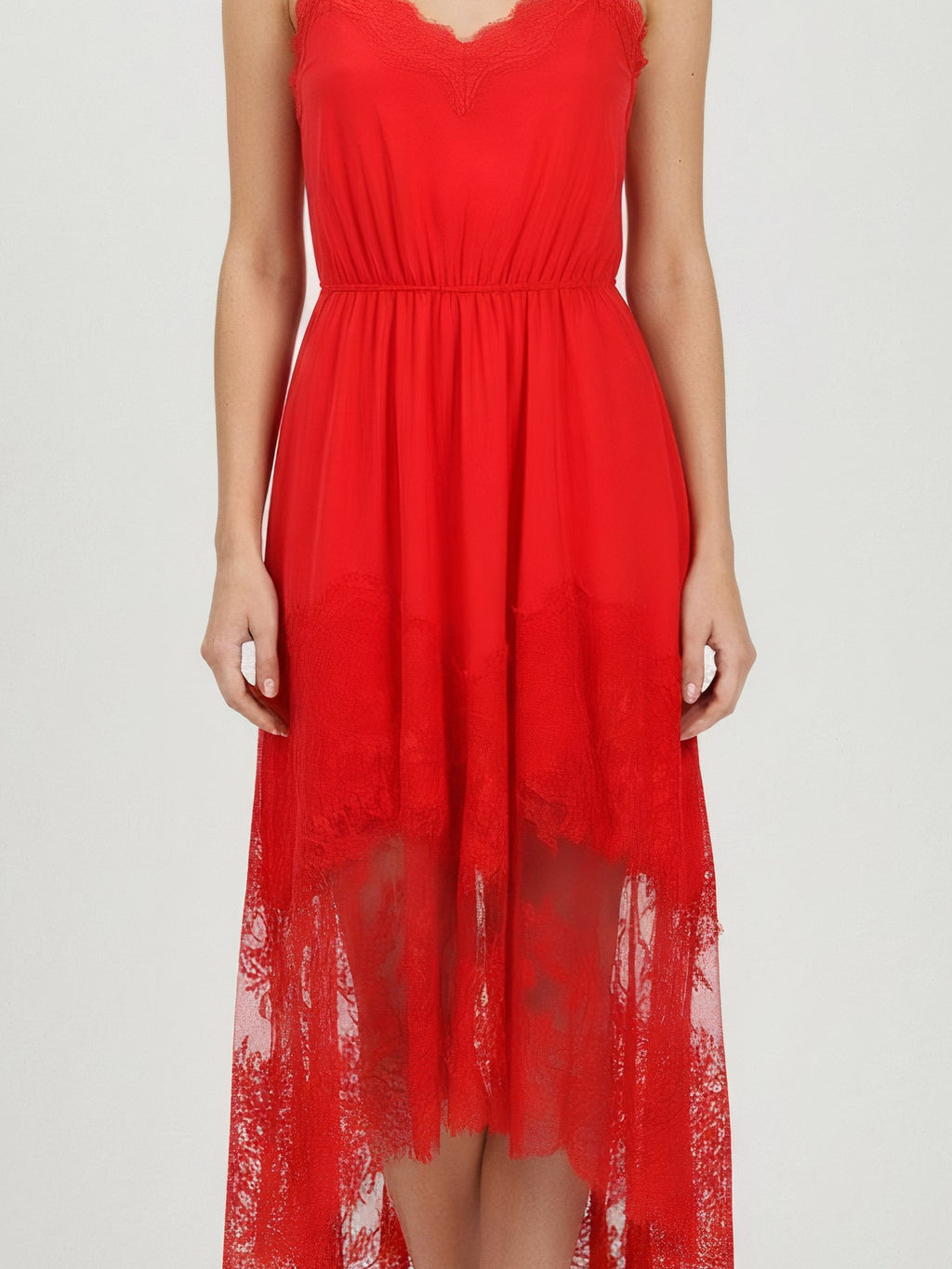 LACE-TRIMMED SILK MIDI DRESS WITH GATHERED WAIST