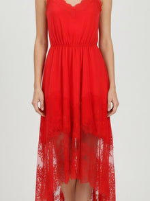 LACE-TRIMMED SILK MIDI DRESS WITH GATHERED WAIST