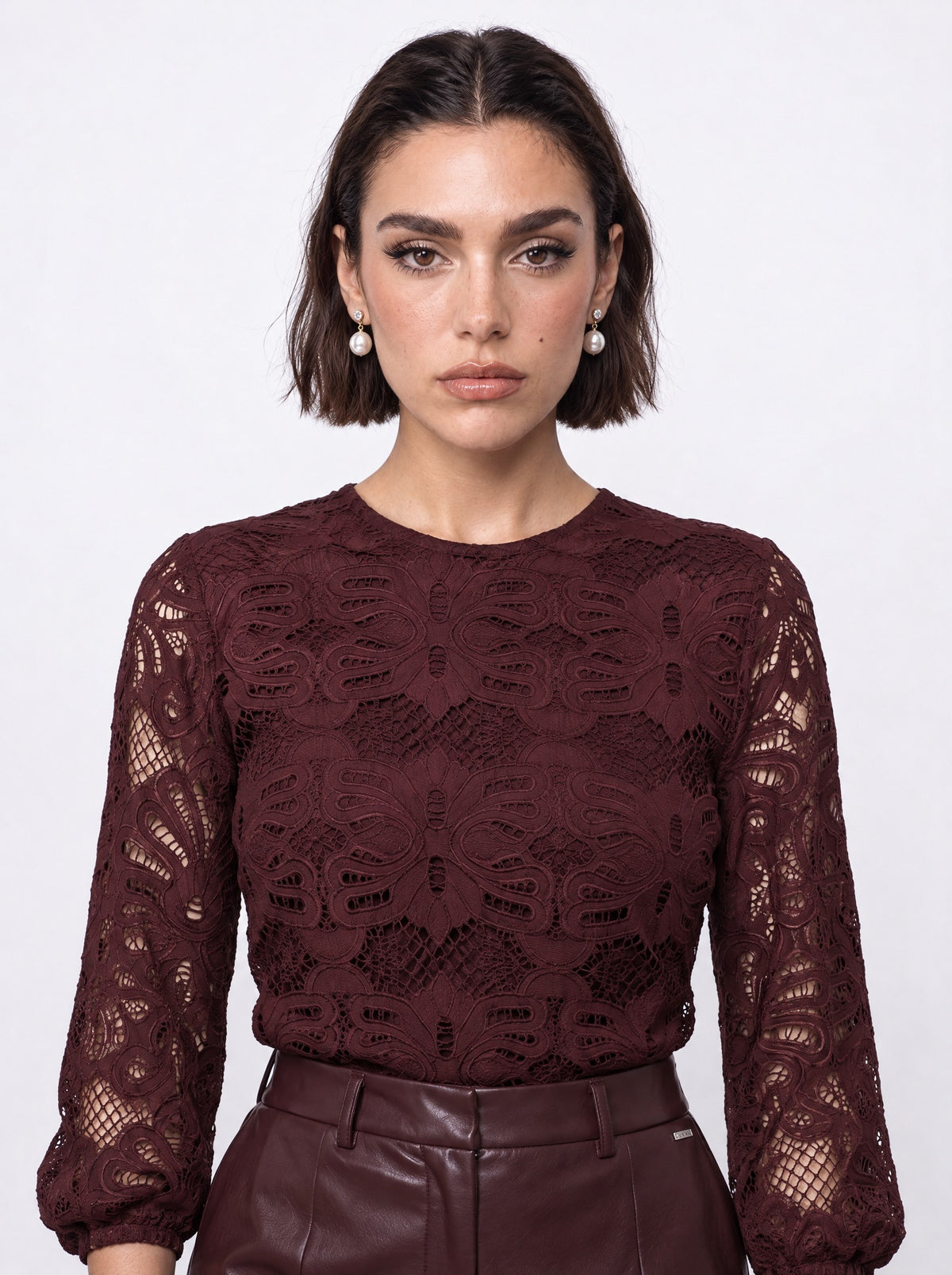 LACE TOP AND FAUX LEATHER TROUSER SET