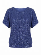SEQUIN BANDED-HEM SHORT SLEEVE TOP