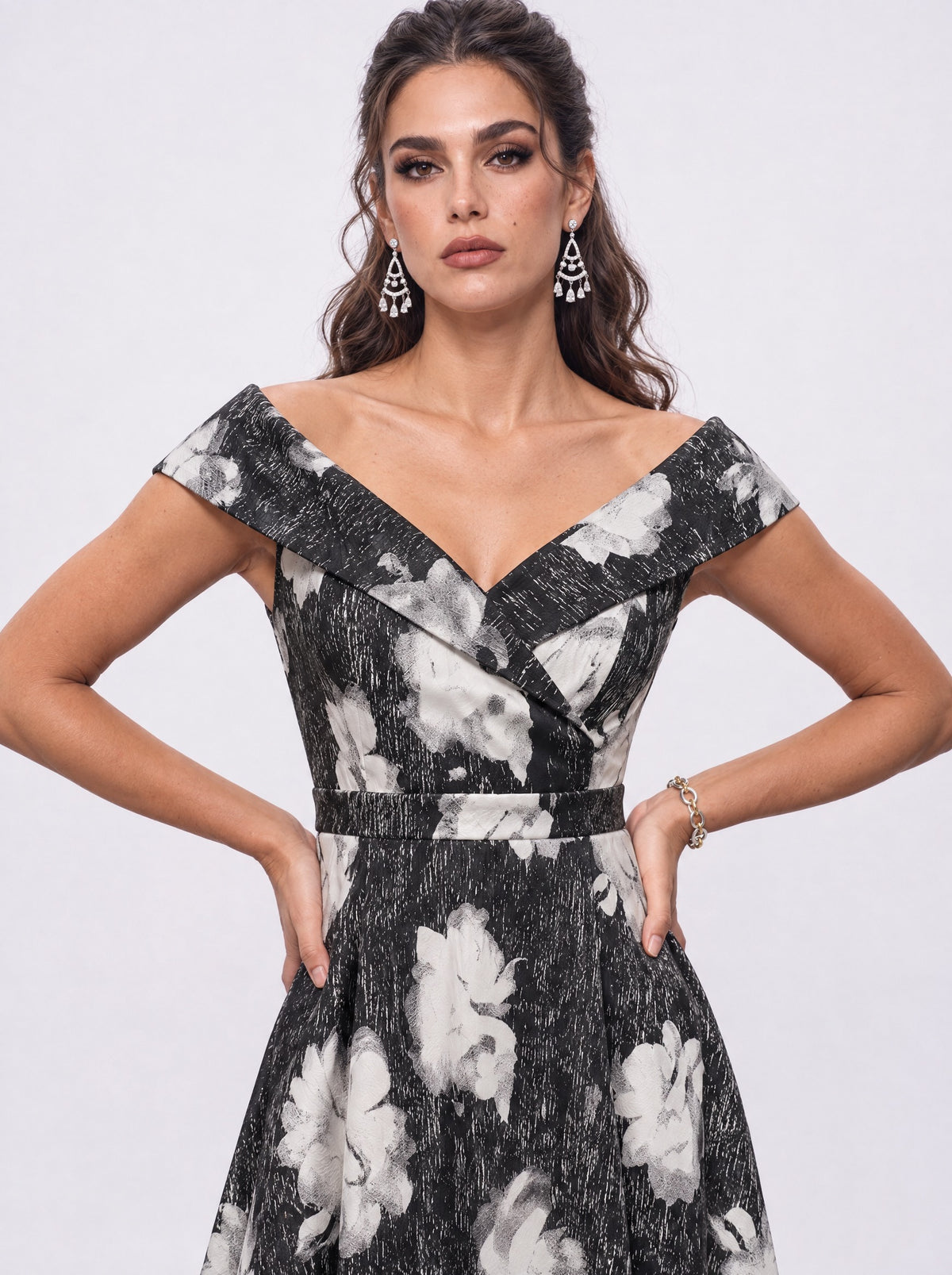 FOLDED OFF-SHOULDER FLORAL MIDI DRESS