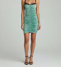 RUCHED SATIN LACE-TRIM MINI DRESS