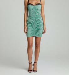 RUCHED SATIN LACE-TRIM MINI DRESS