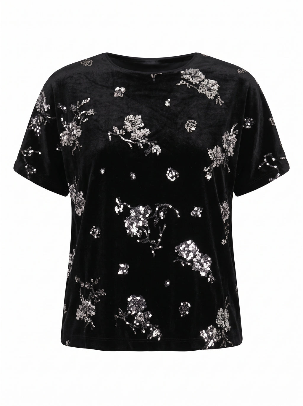 SEQUIN FLORAL VELVET CREW-NECK TOP