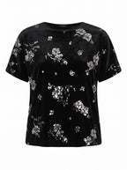 SEQUIN FLORAL VELVET CREW-NECK TOP