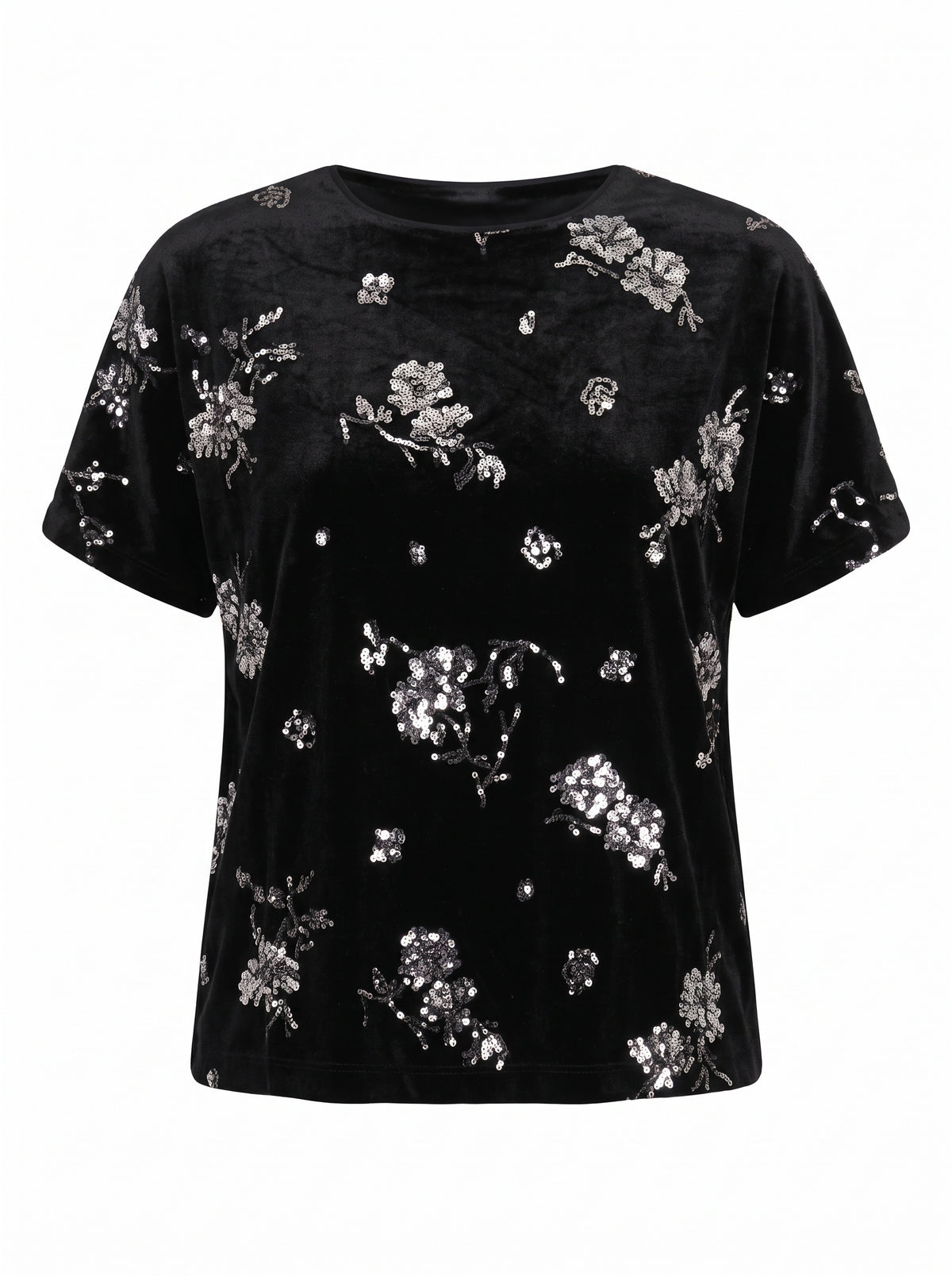SEQUIN FLORAL VELVET CREW-NECK TOP