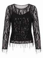 SEQUIN FRINGE HEM SHEER BLOUSE