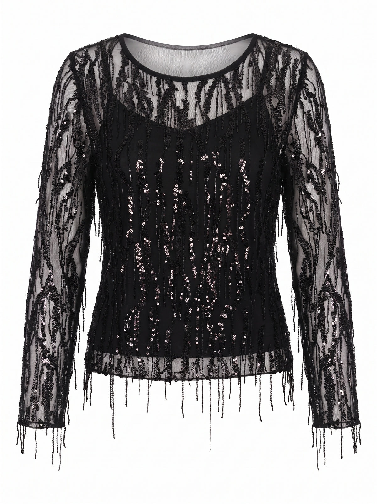 SEQUIN FRINGE HEM SHEER BLOUSE