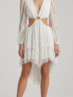 LACE-SLEEVE RING-WAIST CUTOUT MINI DRESS