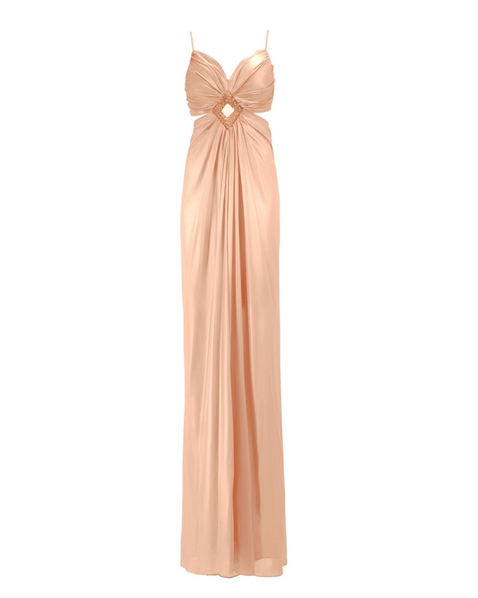 DRAPED JEWEL CUTOUT GOWN