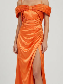 DRAPED SATIN OFF-SHOULDER GOWN