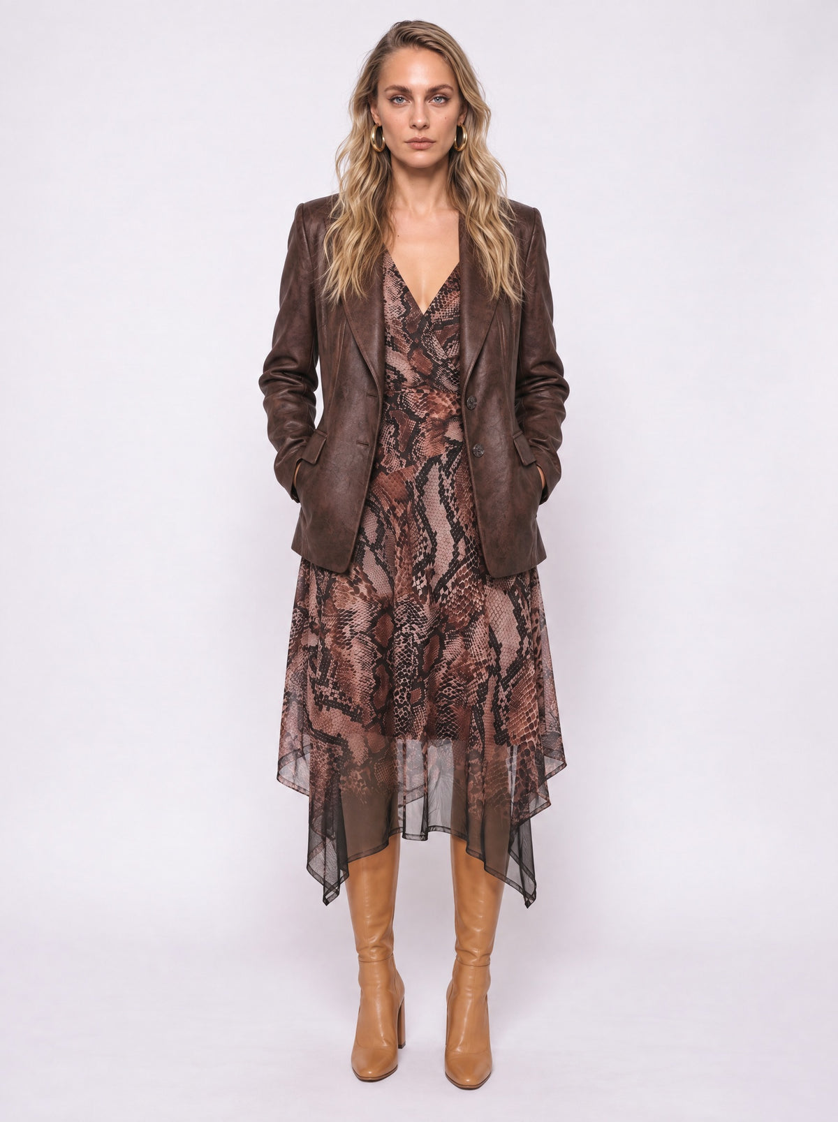 SNAKE PRINT SHEER WRAP MIDI DRESS