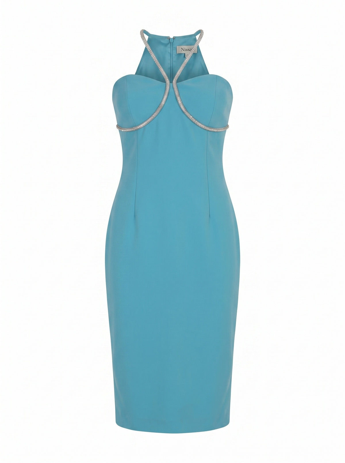 CRYSTAL-TRIM HALTER MIDI DRESS