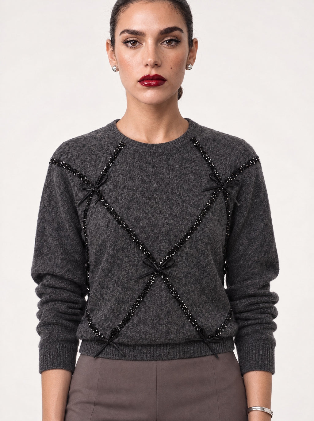 SEQUIN BOW BRUSHED KNIT SWEATER