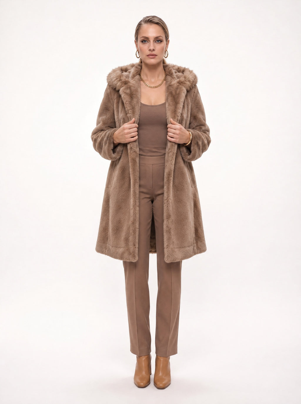 HOODED FAUX FUR MIDI COAT