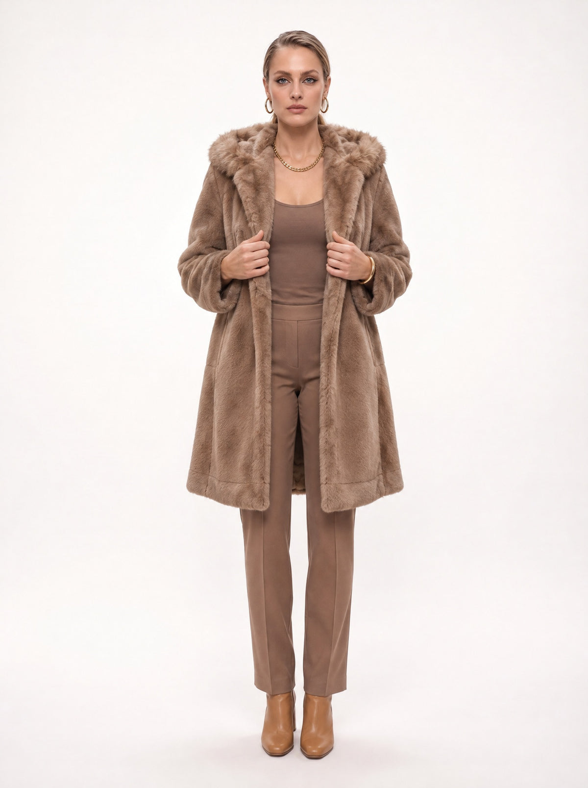 HOODED FAUX FUR MIDI COAT