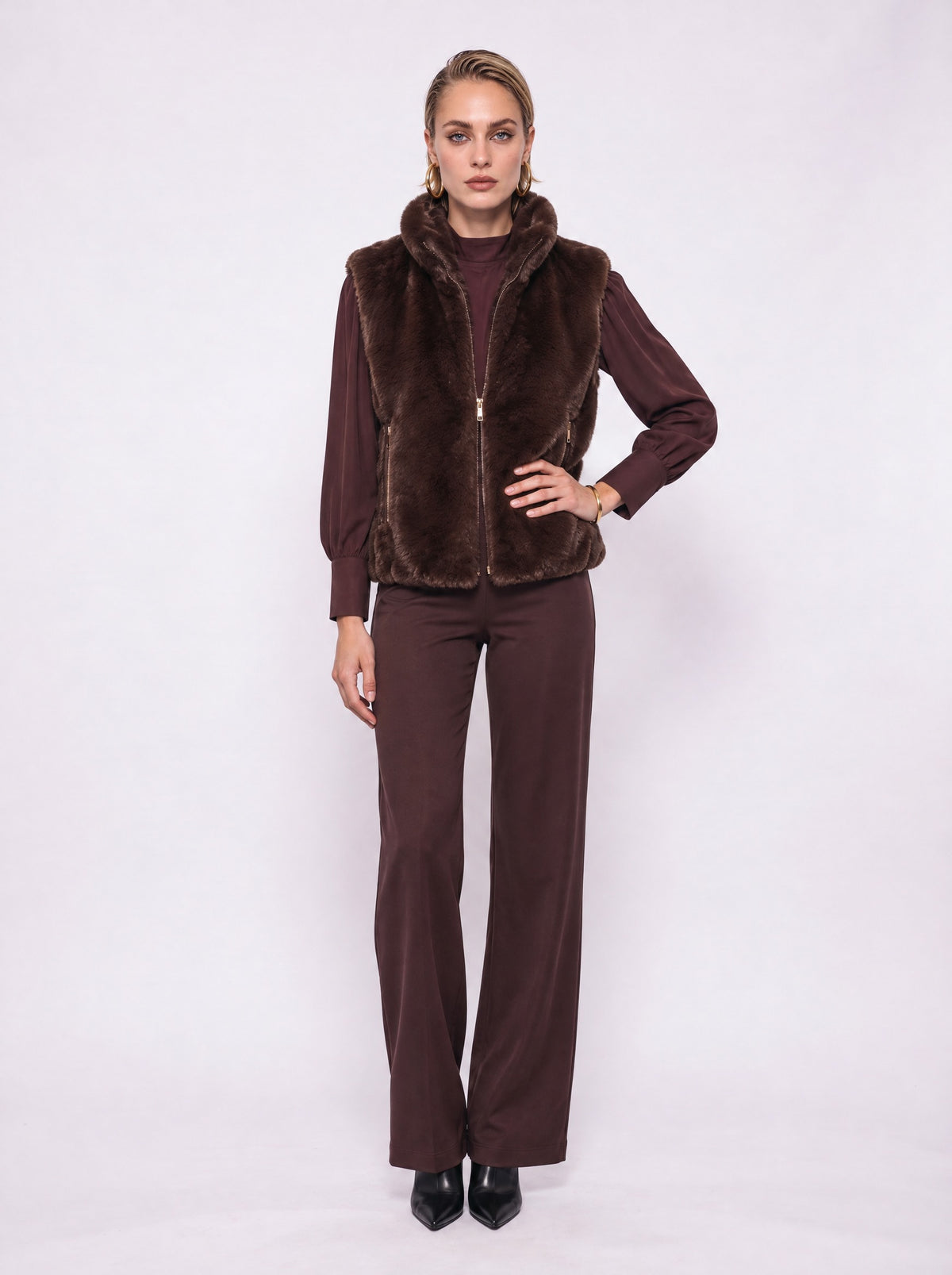FAUX FUR ZIP-FRONT STAND COLLAR VEST