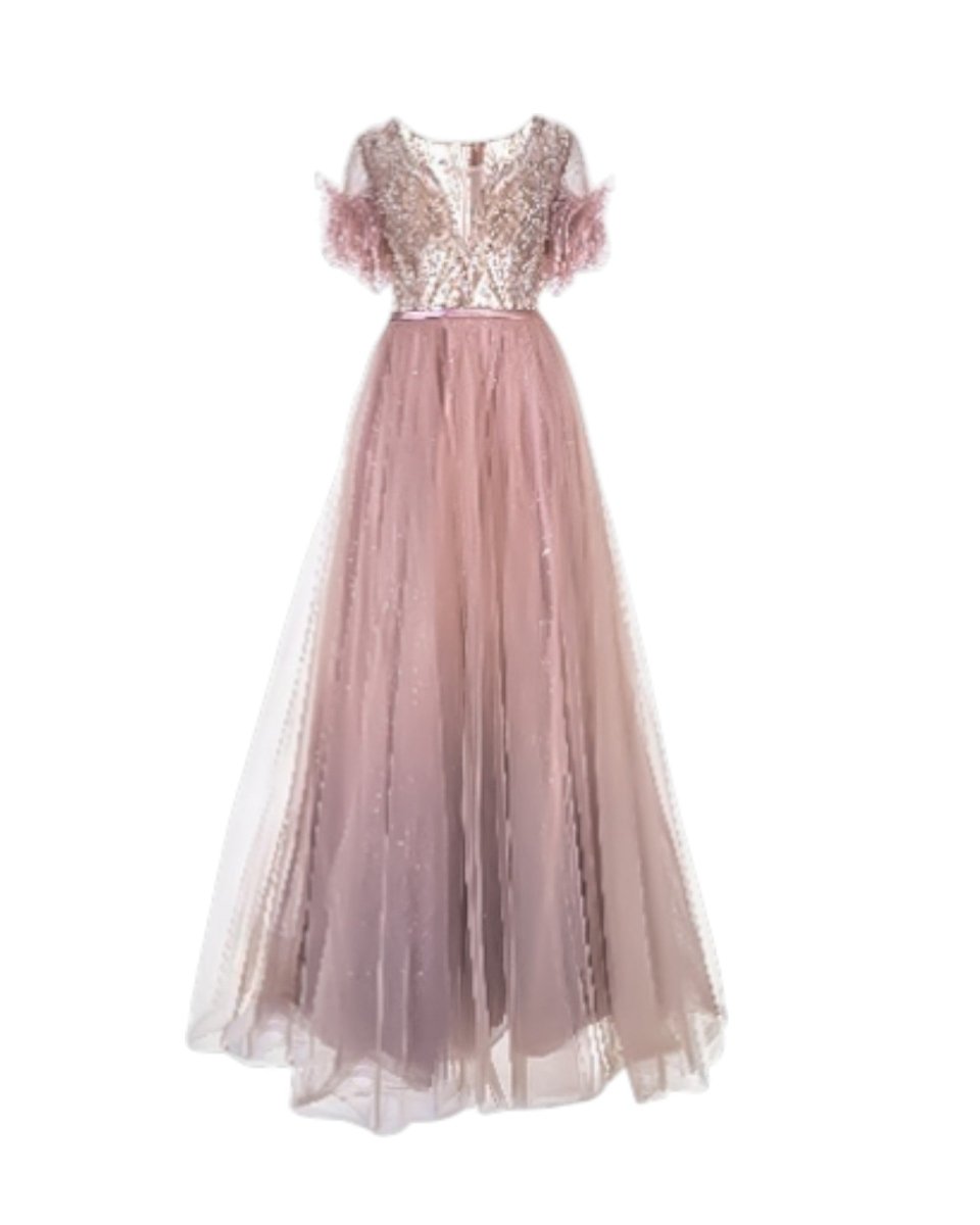 EMBELLISHED BODICE TULLE GOWN