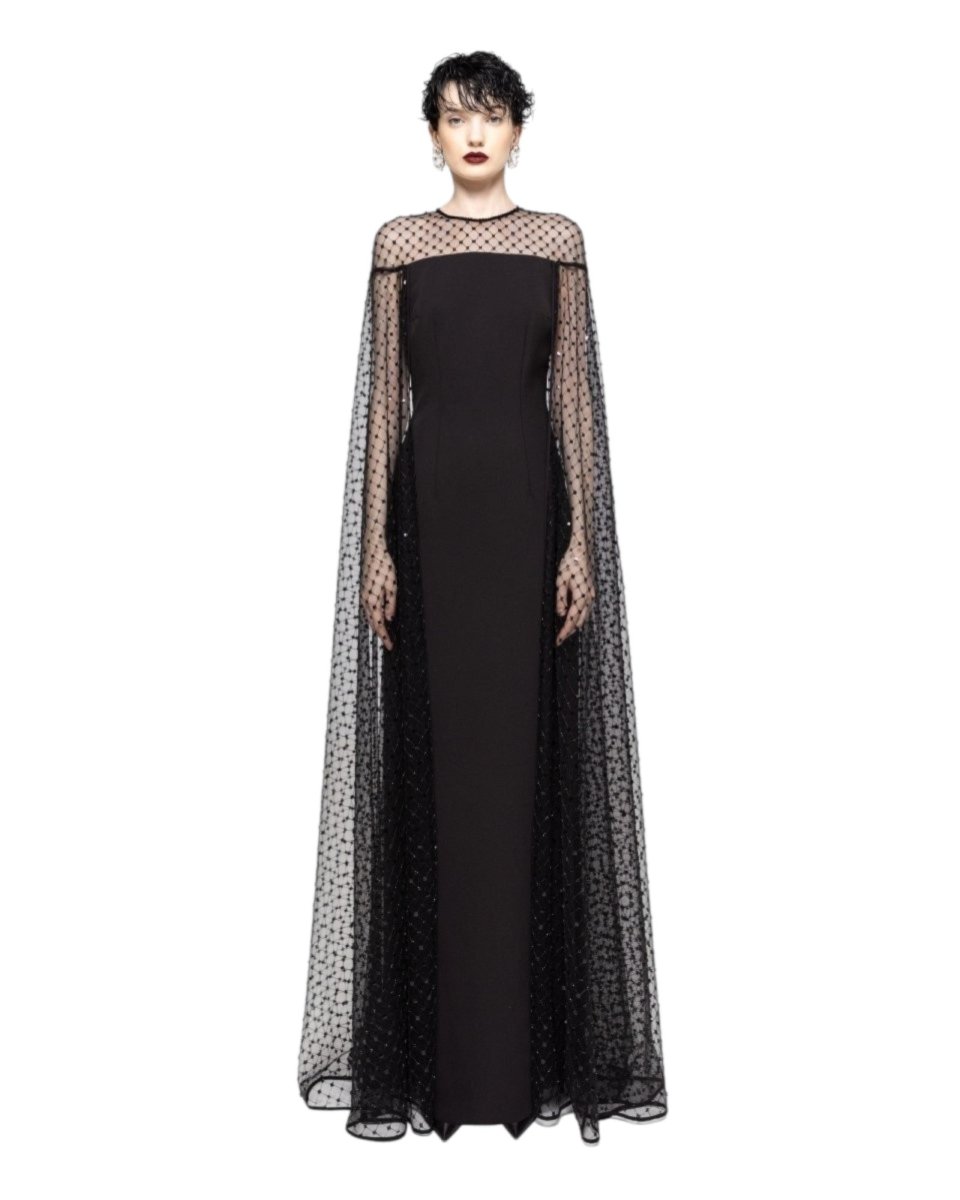 EMBELLISHED CAPE EVENING GOWN