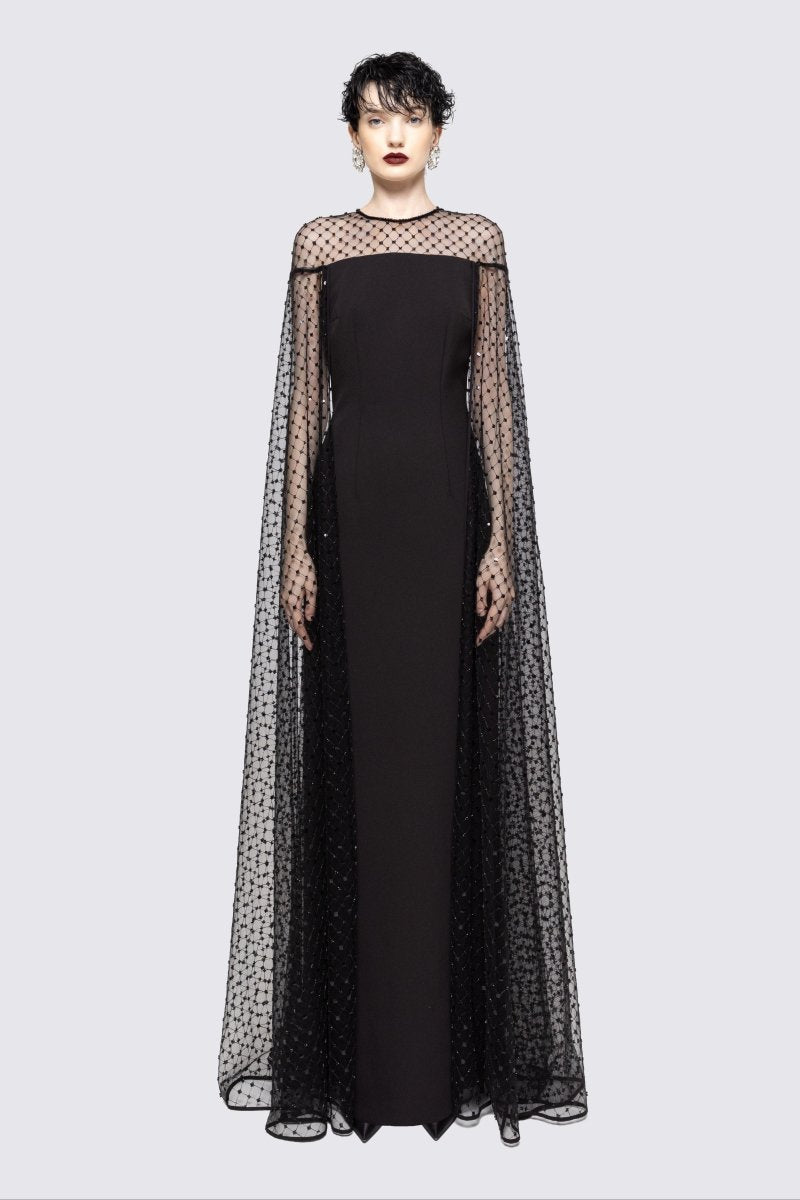 EMBELLISHED CAPE EVENING GOWN - Nakhle.Ets - Dresses