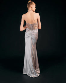 EMBELLISHED DRAPED EVENING GOWN