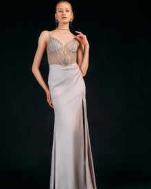 EMBELLISHED DRAPED EVENING GOWN
