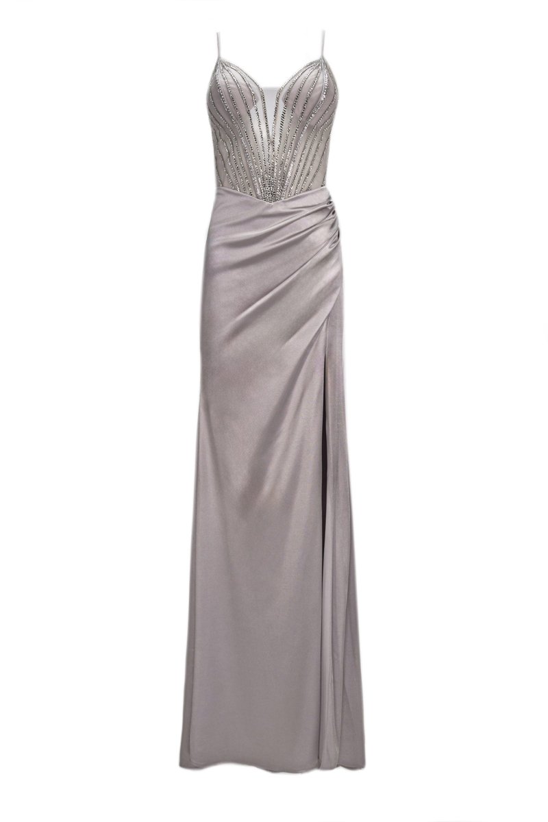 EMBELLISHED DRAPED EVENING GOWN - Nakhle.Ets - Dresses