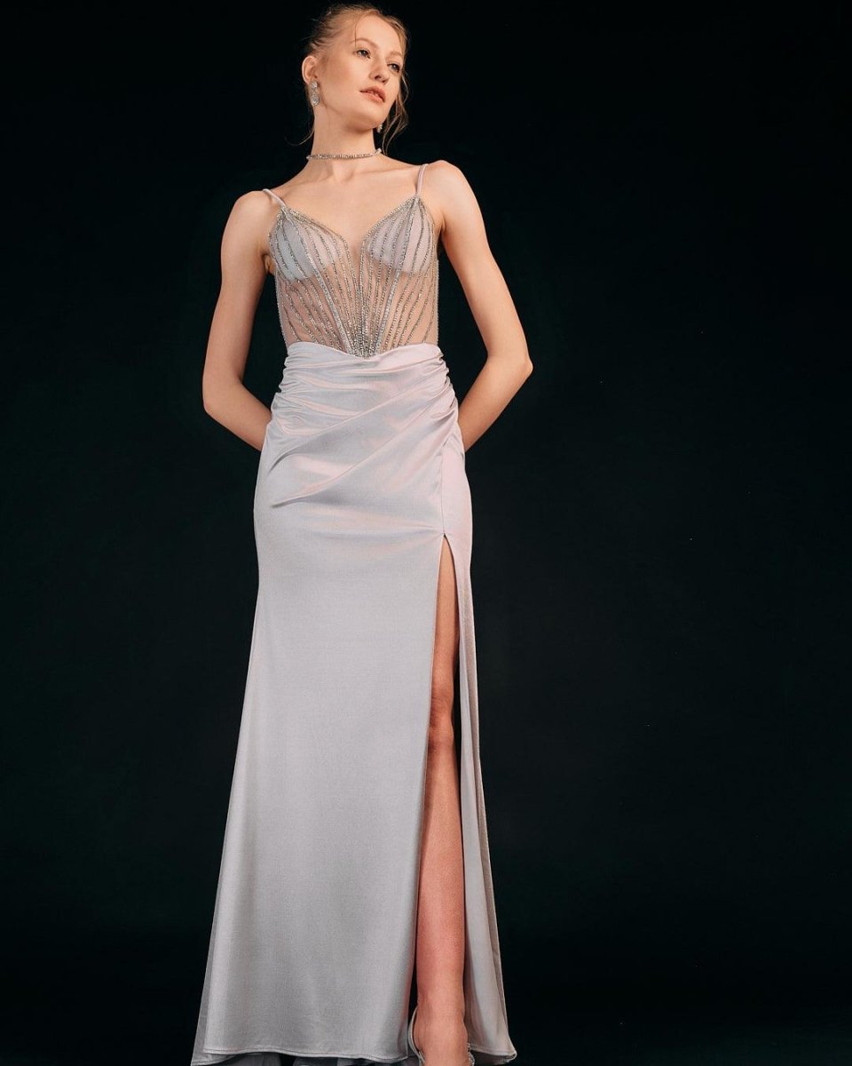 EMBELLISHED DRAPED EVENING GOWN