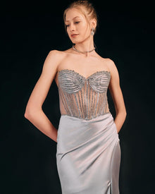 EMBELLISHED DRAPED EVENING GOWN