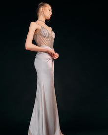 EMBELLISHED DRAPED EVENING GOWN