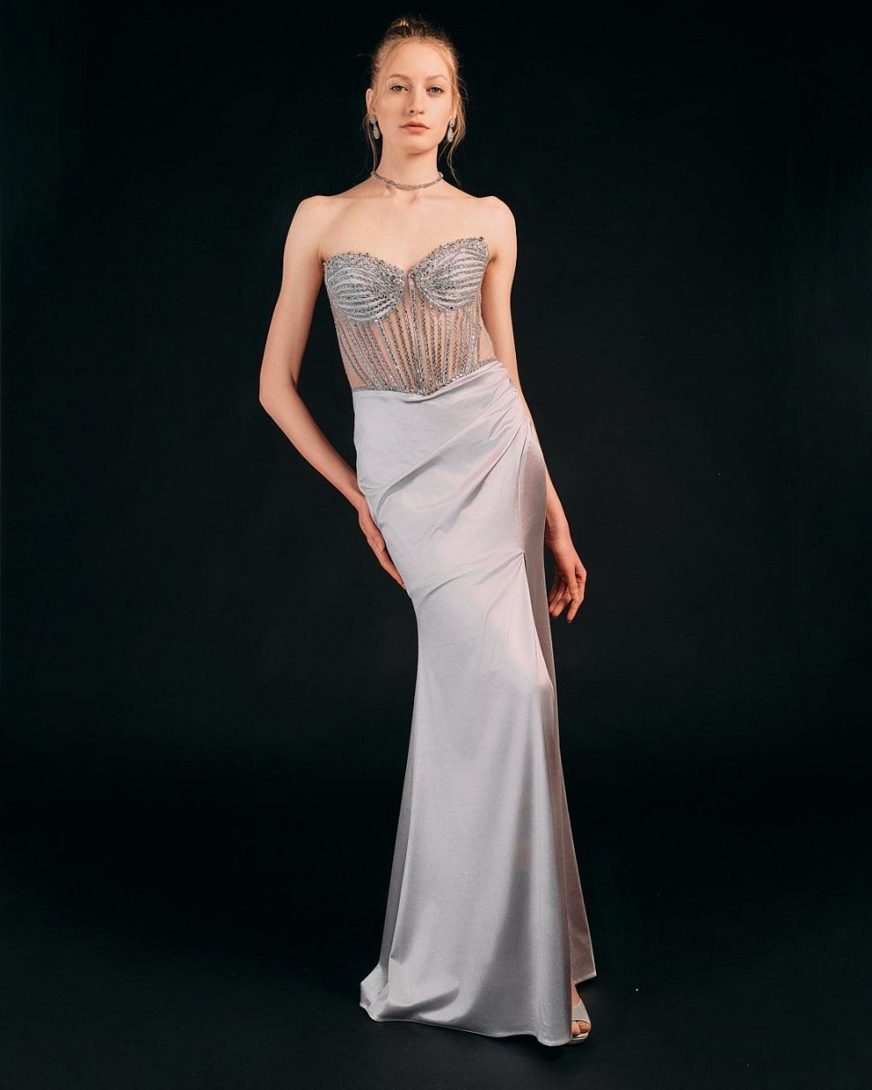 EMBELLISHED DRAPED EVENING GOWN