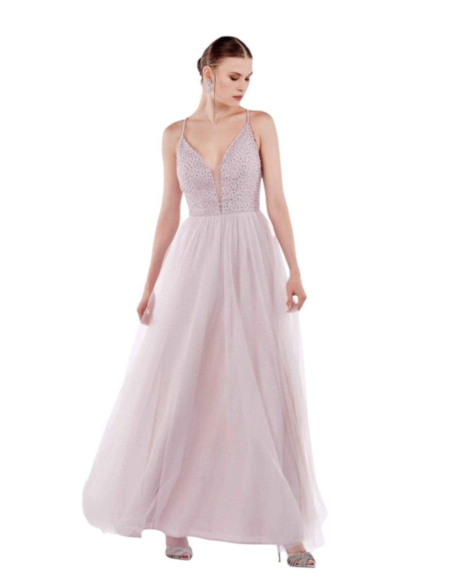 EMBELLISHED TULLE PLUNGE GOWN
